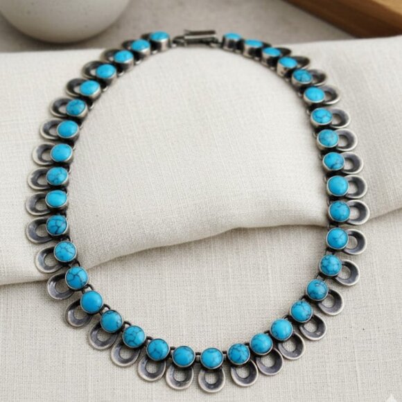 Turquoise Necklace Vintage Sterling Silver 925 Mexico Chunky Choker Stamped 18” - Picture 1 of 10